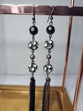 5" Very Long Black Stone Rhinestone Drop Dangle Earrings Tassel Chain Disco