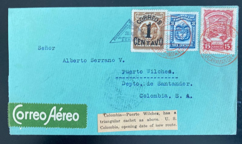 1926 Bucaramanga Colombia First flight Airmail Cover To Puerto Wilches