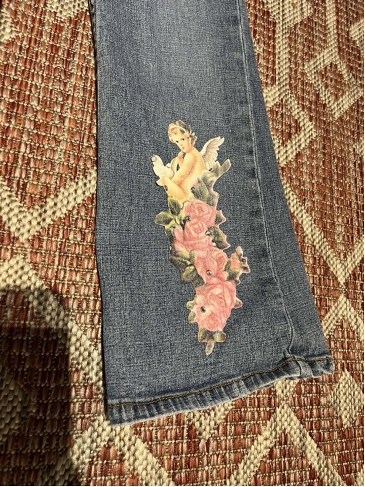 Vintage Y2K Kids Guess Angelic Floral Bejeweled Imagery Boot Cut Jeans Sz 12 - Image 3 of 4