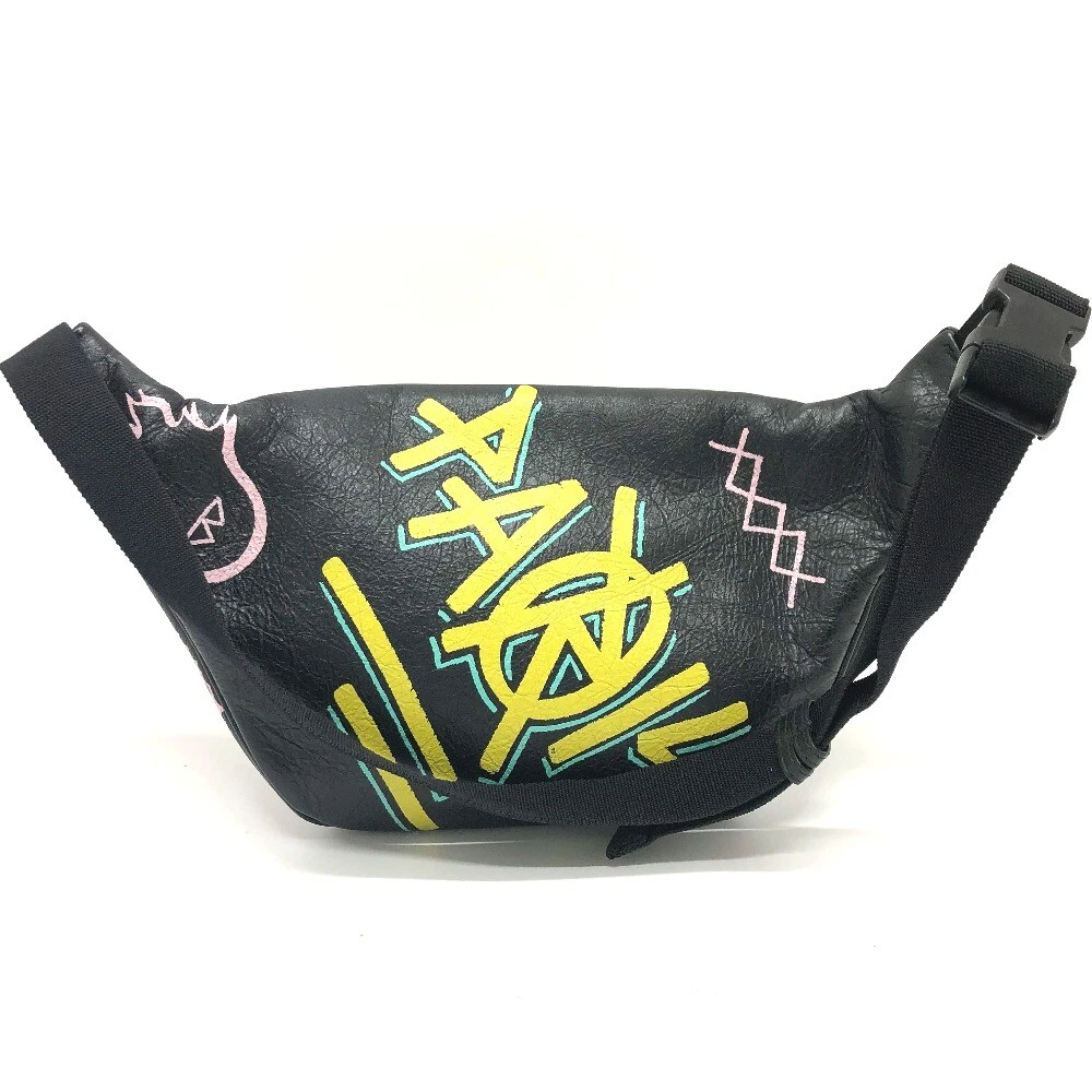 BALENCIAGA 529550 Graffiti Explorer body bag Waist Pouch Leather Black