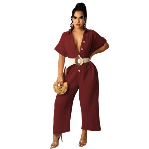 Trendiger Damen Jumpsuit Kurzarm Einfarbig Freizeit Knöpfe Weite Lang Club Party - Bild 7 von 17