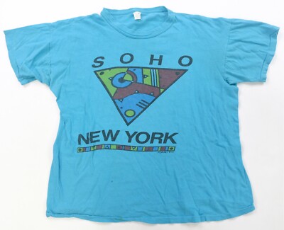 Rare Vintage FORAVI SOHO New York 1985 Abstract Art Graphic T Shirt 80s Blue XL