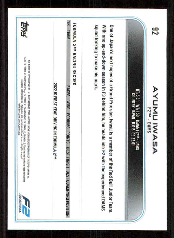 2022 Topps Chrome Formula 1 #92 Ayumu Iwasa - Image 2 of 2