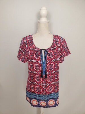 DR2 Pink Red & Blue Mandala Print Tasseled Neck Top Women's Size Medium.
