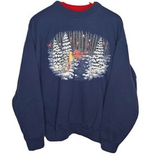 Vintage Morning Sun Winter Bird Lovers Unisex L Sweatshirt Cardinals Trees Navy