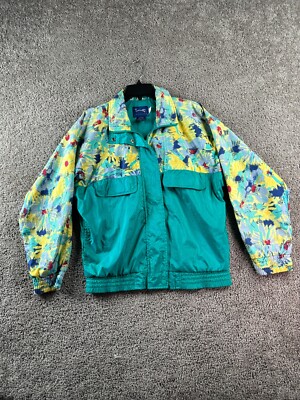 VINTAGE 90s Duckster Jacket Womens M Green Floral Sunburst Nylon