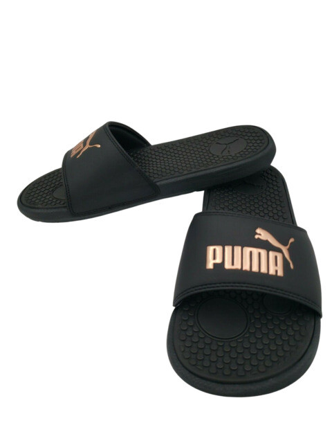 puma slides black and white