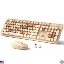 Full-Size Wireless Retro Typewriter Keyboard & Mouse Set, 2.4GHz, Milky Tea