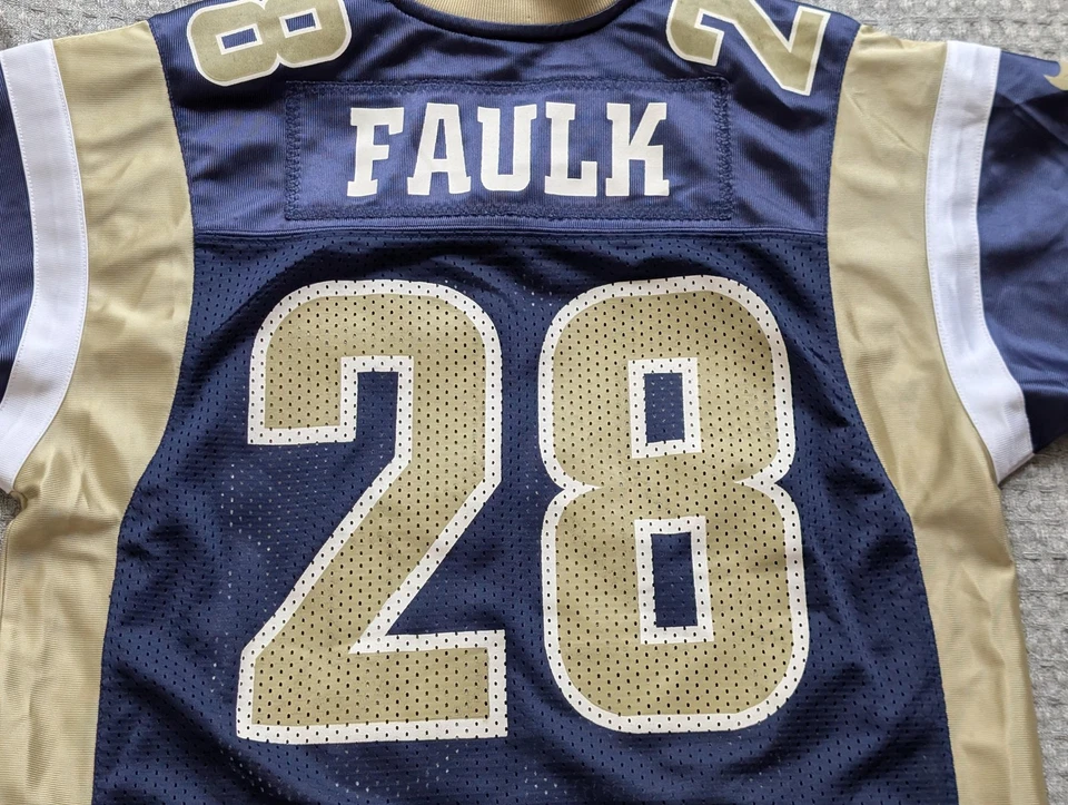 Camiseta deportiva juvenil de los St. Louis Rams mediana azul dorada NFL fútbol americano Marshall Faulk 28 Nike Foto 4 de 4