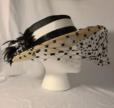 Vintage Women's Cream and Black Boater Hat Kurt Jr Tom Hann Netting Bow Feather