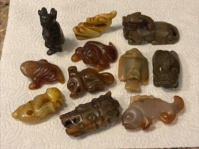 Lot of 11 Ancient Stone Carved Amulets - Good Luck Charms - Spiritual Figurines
