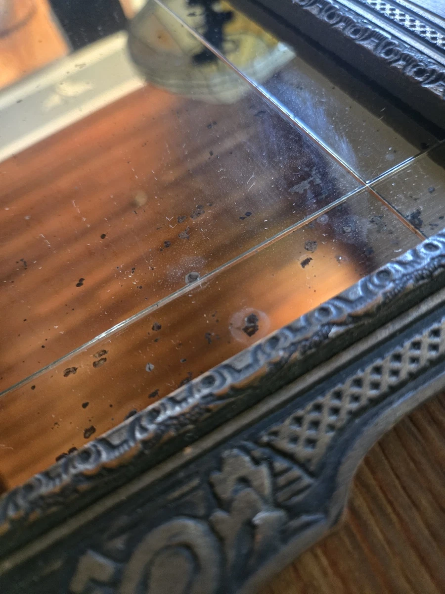 Antique Very Old Carved Wood Frame And Etched Glass Mirror