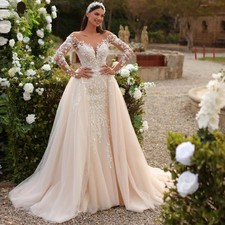 Beads Scoop Neck Mermaid Wedding Dress Appliques Detachable Train Bridal Gowns