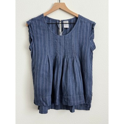 Lands End Blue Striped Linen Tank Top 4P Coastal Boho Pintuck Pleated Blouse
