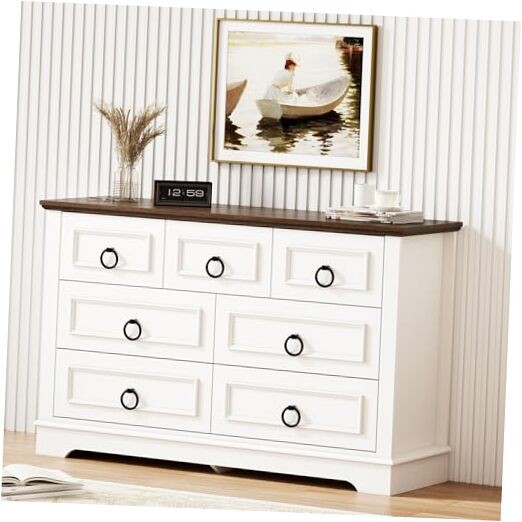 Farmhouse 7-Drawer Dresser with Round Metal Handles, 47.2