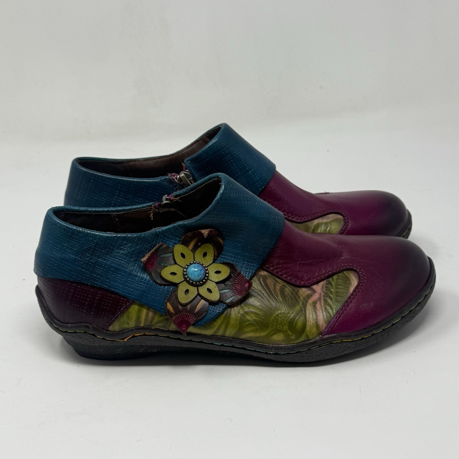 Socofy Vicconfy Shoes Womens 8 - 8.5 Purple Teal Leather  Floral Side Zip Boho