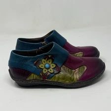 Socofy Vicconfy Shoes Womens 8 - 8.5 Purple Teal Leather  Floral Side Zip Boho