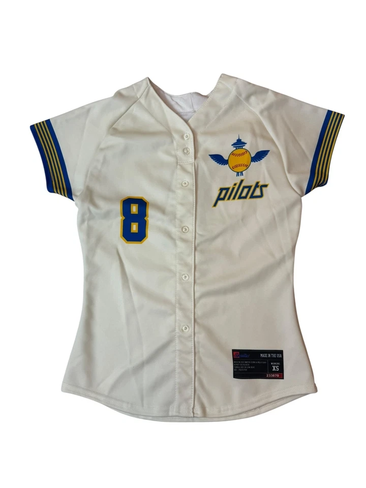 Seattle Pilots Baseball Jersey Short Sleeve. Ivory with Blue / Yellow Stripes - Image 2 of 4