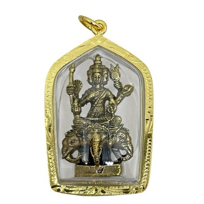 Lord Brahma Four-Faced God on Elephant  Amulet Pendant Gold Plated Frame #11