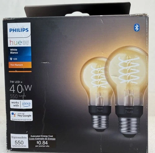 Phillips Hue 571075 Smart 40W Equivalent A19 Filament LED Bulb - 2 Pack