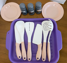 Lot Pretend Play Kitchen Cooking Utensils, Plates, Salt Pepper, Sugar 12pcs