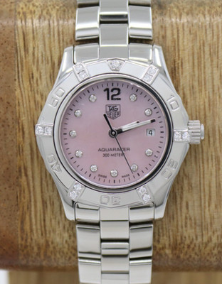 TAG Heuer Aquaracer 27mm Pink MOP Diamond Dial & Bezel Quartz Watch WAF141H