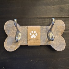 Rustic Wood Bone-Shaped Wall Mount Dog Leash Hook - 2 Hooks, Brown, 10.5. H3