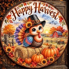 Happy Fall Harvest Door Sign, Turkey, Thanksgiving, Autumn Pumpkin, Scarecrow