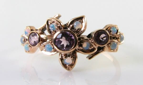 Anillo Cluster Art Déco 9CT Oro Rosa 9K Turmalina Rosa Ópalo