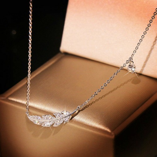 Delicate Clavicle Chain 925 Silver Feather Leaf Zircon Pendant Necklace Women - Picture 2 of 5