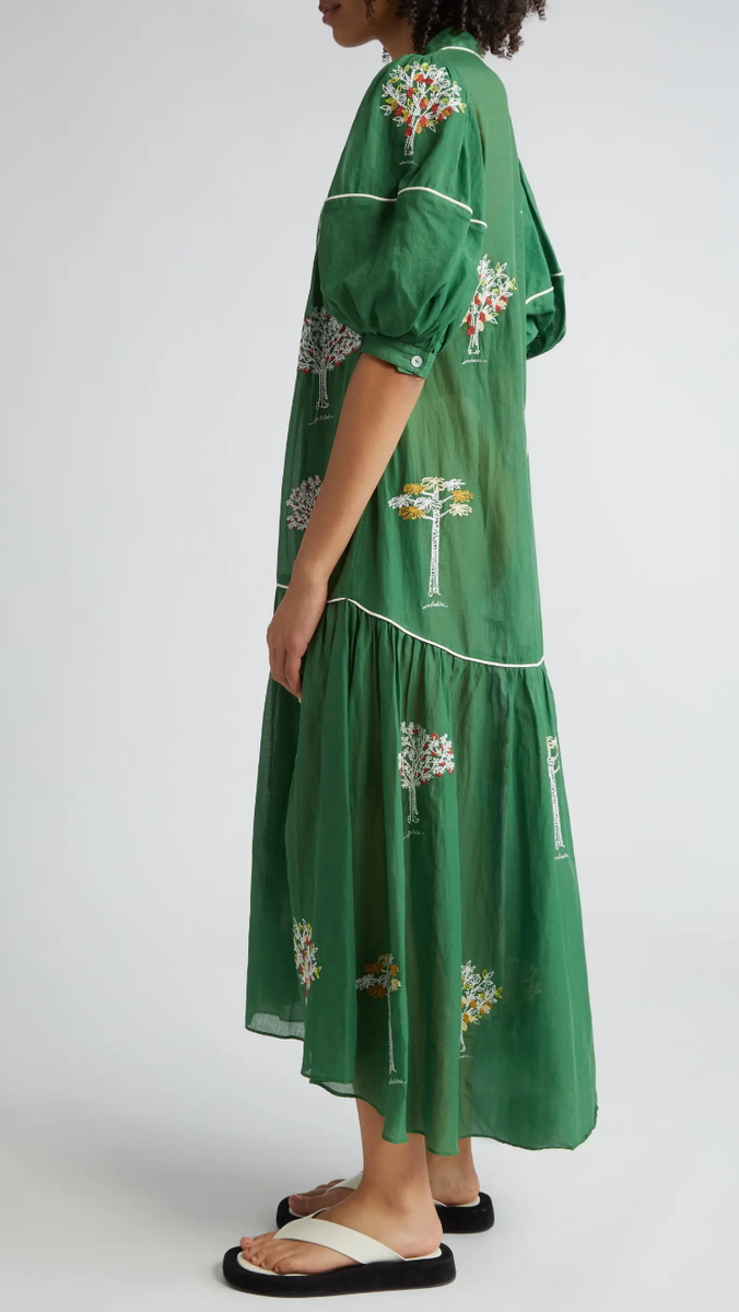 Farm Rio Green Embroidered Trees Organic Cotton Midi Dress Size L | eBay