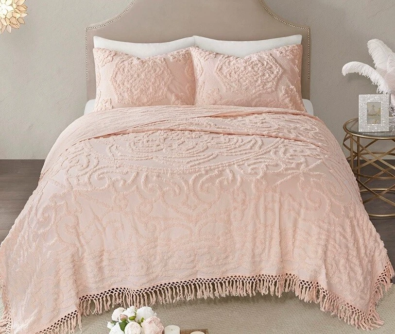BLUSH PINK CHENILLE 3pc King COVERLET SET : VINTAGE STYLE COTTON FRINGE - Image 3 of 4