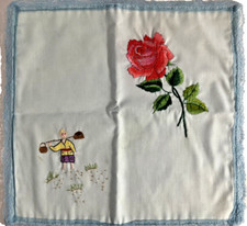 Vintage Blue With Lace Hankie Handkerchief Embroidered Rose Asian Scene 10x10