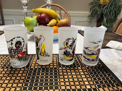 4 Vintage Frosted Tumbler Bar Ware Highball Gold Miners Story Drink Glassware