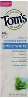 6 Pk Tom's Of Maine Natural Simply White Fluoride Toothpaste Clean Mint 4.7oz Ea on sale 6 Pk Tom's Of Maine Natural Simply White Fluoride Toothpaste Clean Mint 4.7oz Ea on sale