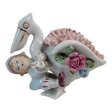 STORK delivers BOY Ceramic Nursery Planter, gold trim  detail Japan VTG 3-in