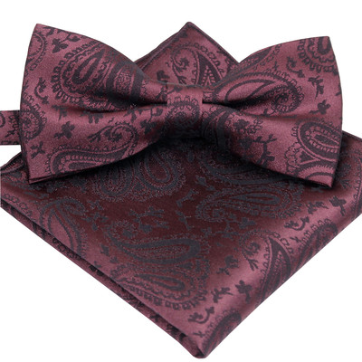 *BRAND NEW* WINE PAISLEY JACQUARD MENS RARE BOW TIE AND POCKET SQUARE SET B1125