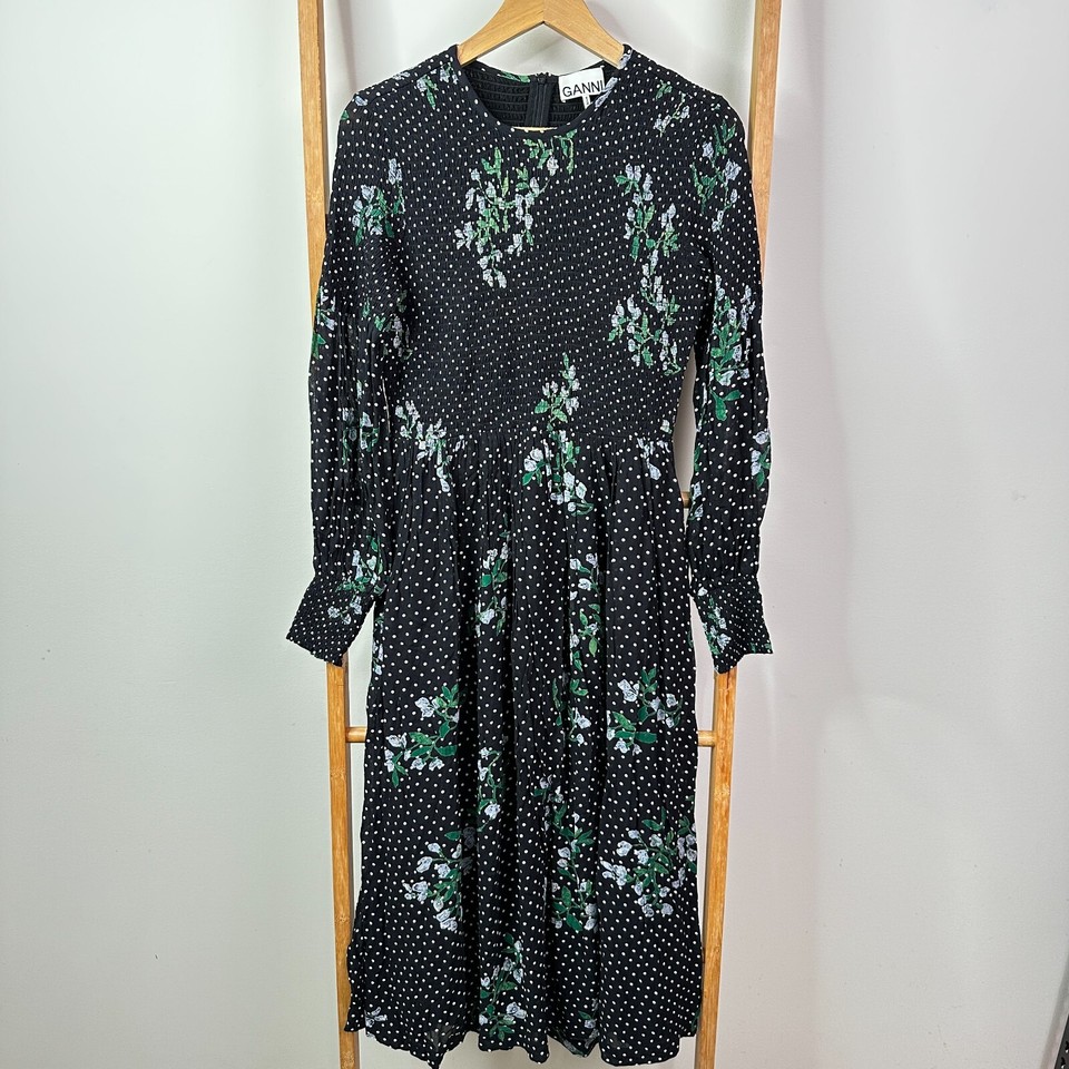 Ganni Dress Womens 36 Black Polka Dot Floral Long Sleeve Rometty Pockets