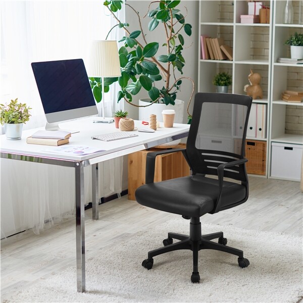 With Leather Seat, Ergonomic Adjustable Computer Chair Black