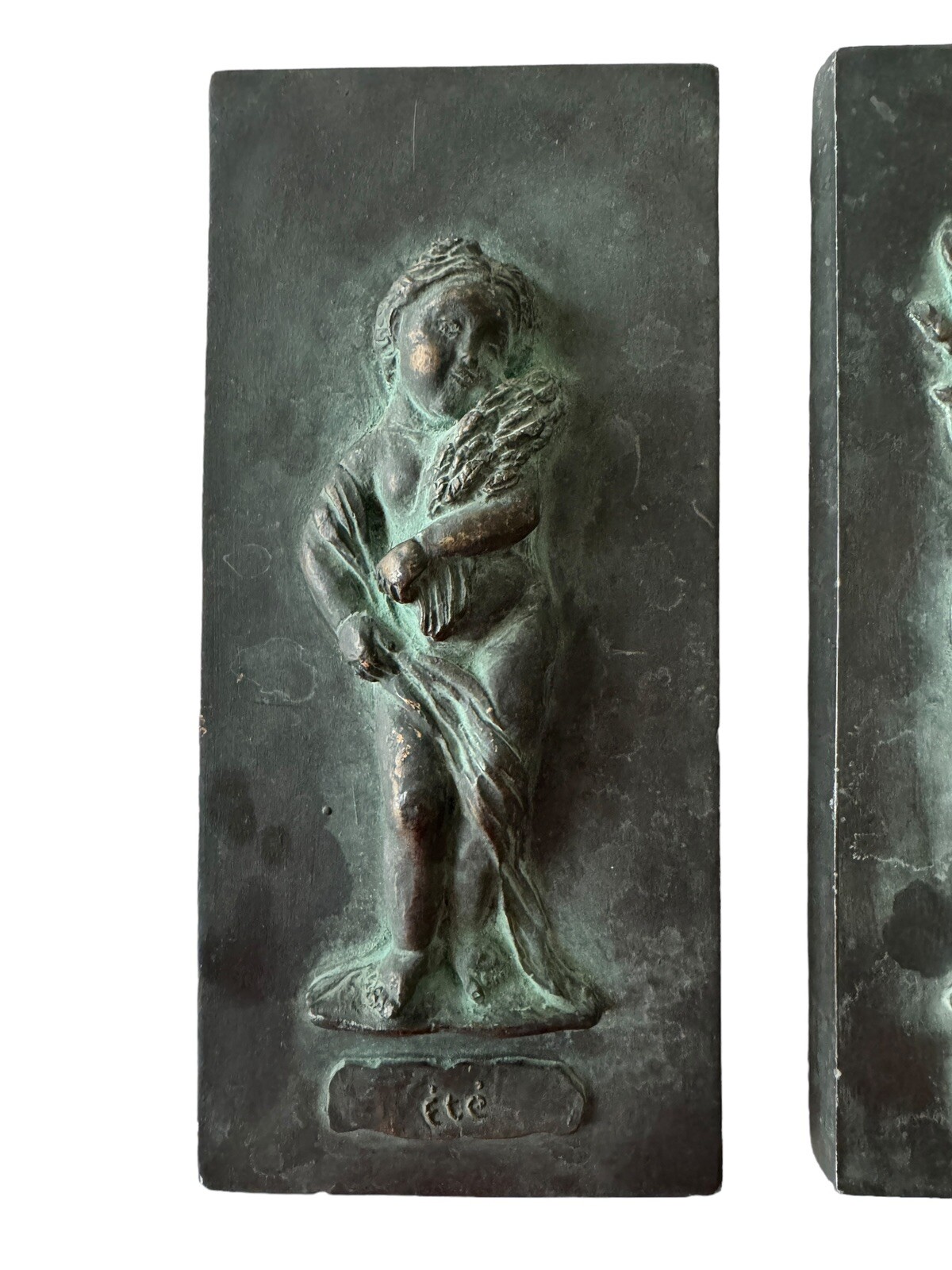 2 Vintage French Bronzed Patina Relief Hanging Wall Plaques Winter & Summer EUC