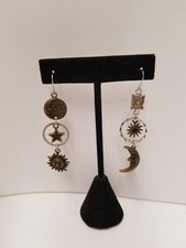 Crescent Moon Star  Sun Dangling Charm Earrings Two Tone Gold  Silver