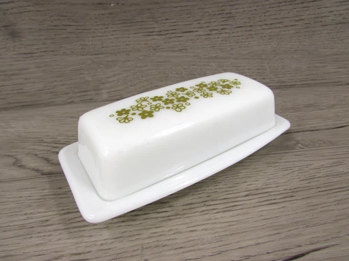 Pyrex Corelle Crazy Daisy Spring Blossom Butter Dish Vintage Green, 1/4 Pound