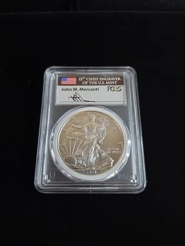 2021 P SILVER EAGLE TYPE 1 EMERGENCY ISSUE PCGS MS70 FDOI MERCANTI .999 Fine