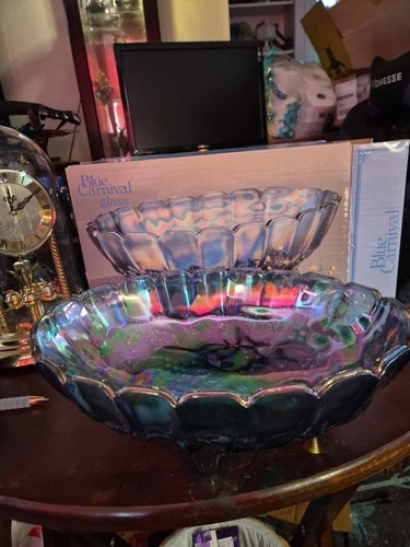 Vintage Indiana Iridescent Carnival Glass Blue Harvest Grape Footed Fruit Bowl