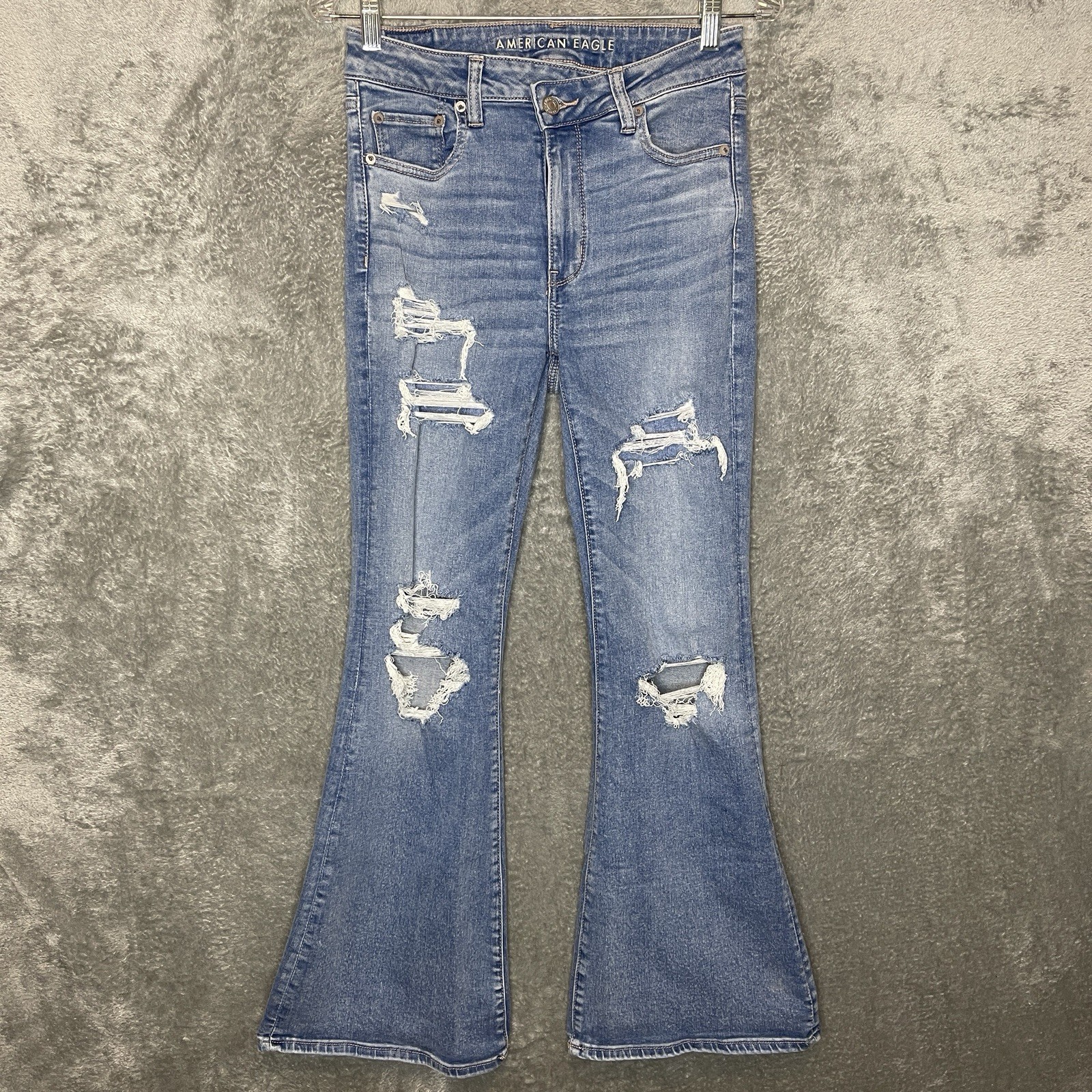 American Eagle Women Super High Rise Flare Destroyed Bell Bottom Stretch Jean 6