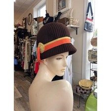 Vintage 1960s Brown Wool Felt Cloche Hat with Orange  Yellow Grossgrain Ribbon