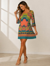 White Mark Couture Collection M NWT Boho Geo Print Shift Dress 3/4 Sleeve