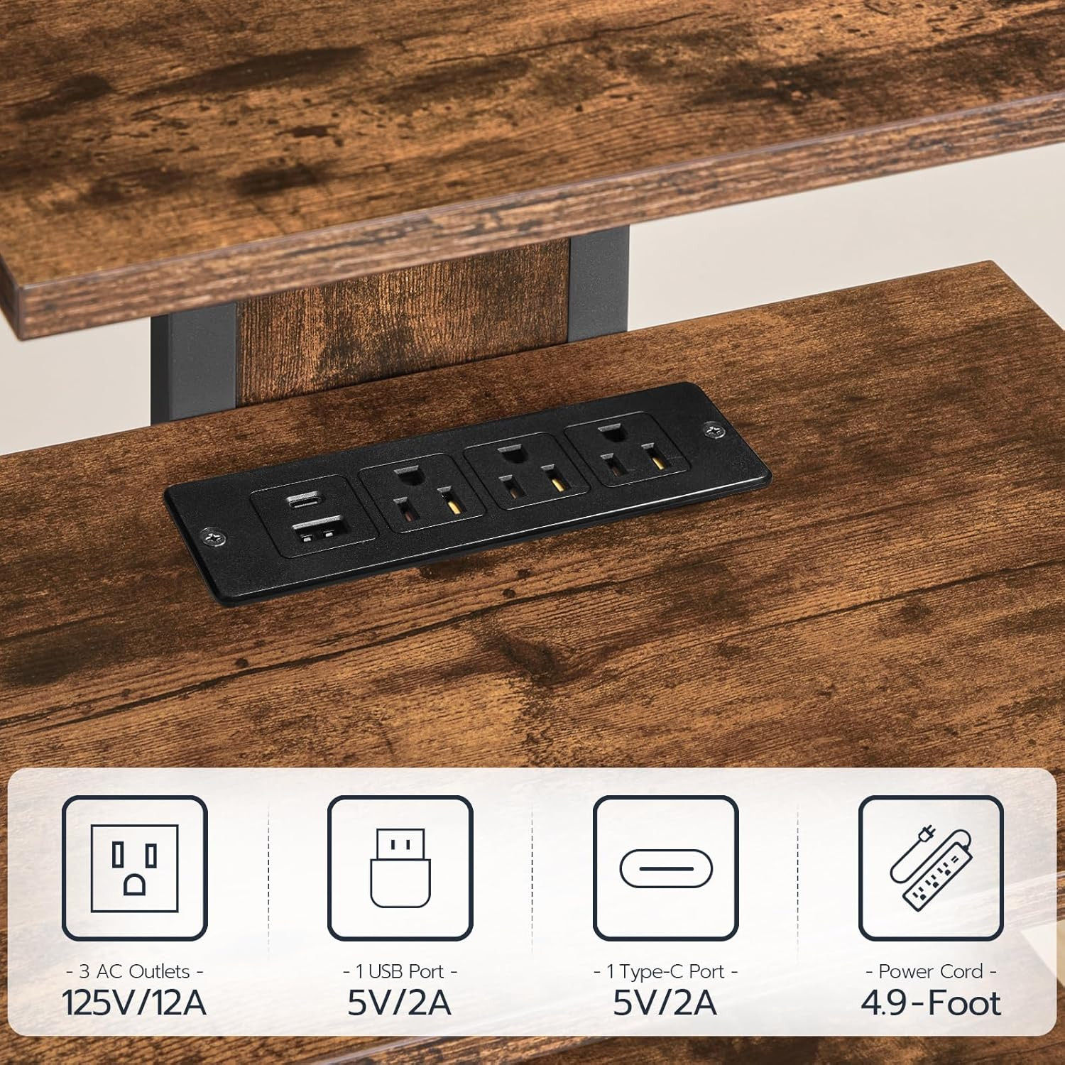 Rustic 4-Tier AV Media Stand with Charging Station & LED Light, Brown/Black