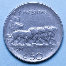 VITTORIO EMANUELE III 50 CENTESIMI 1921 LEONI BORDO RIGATO bel BB NICHEL COIN