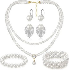 Pearl Rhinestone Jewelry Set for Women Pearl Necklace Bracelet Earrings